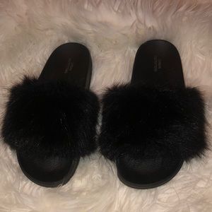 Urban outfitters black fur slip ons